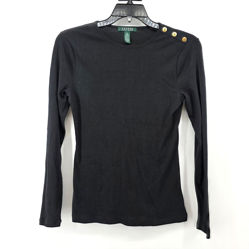 Lauren Ralph Lauren Black Cotton Long Sleeve Button Shoulder Top Women Medium